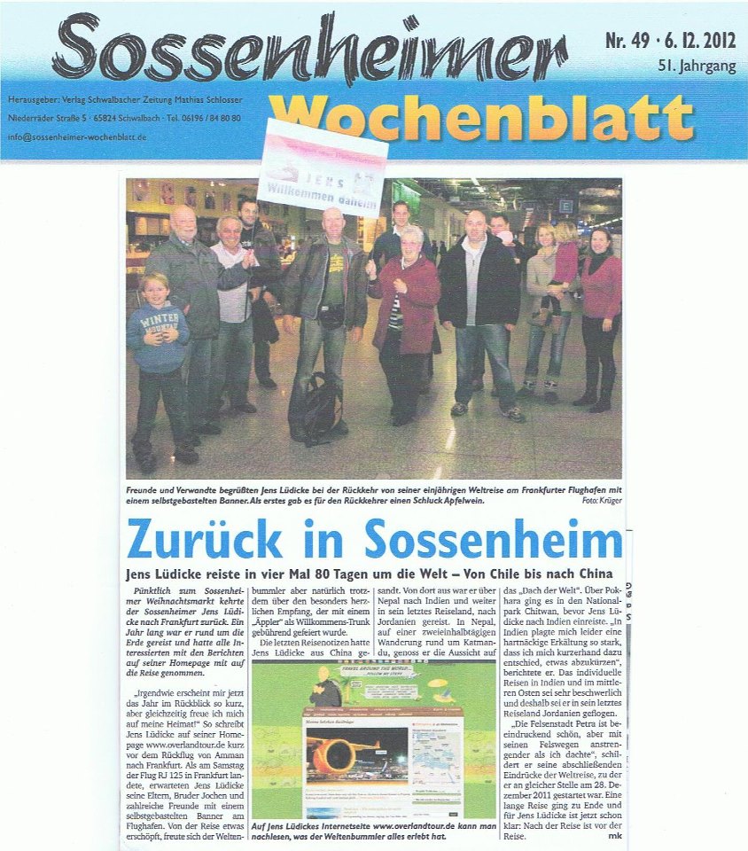 Zeitungsartikel Sossenheimer Wochenblatt 05.12.2012 - Heimkehr von der Weltreise