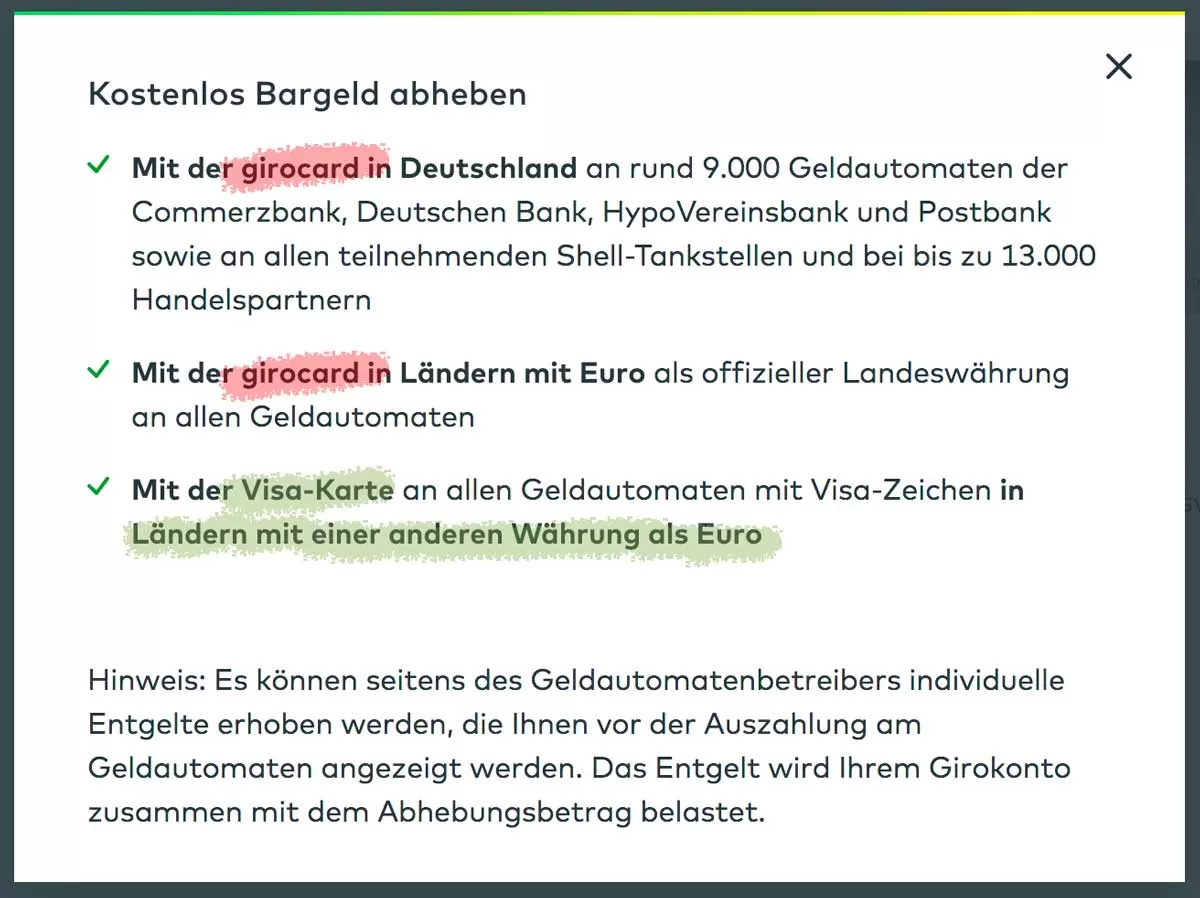 Kostenübersicht der comdirect Bank für die girocard