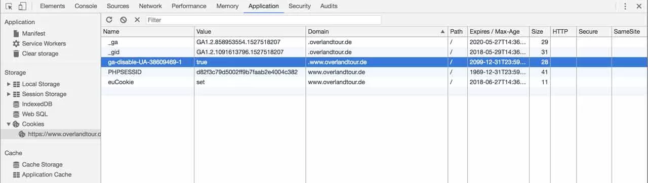 ga-disable-UA-cookie Wenn du das anonymisierte Tracking von Google Analytics abschalten möchtest, dann wir ein weiteres Cookie bei dir mit dem Namen "ga-disable-UA-38609469-1" gesetzte und das anonymisierte Tracking von Google Analytics abgeschaltet!