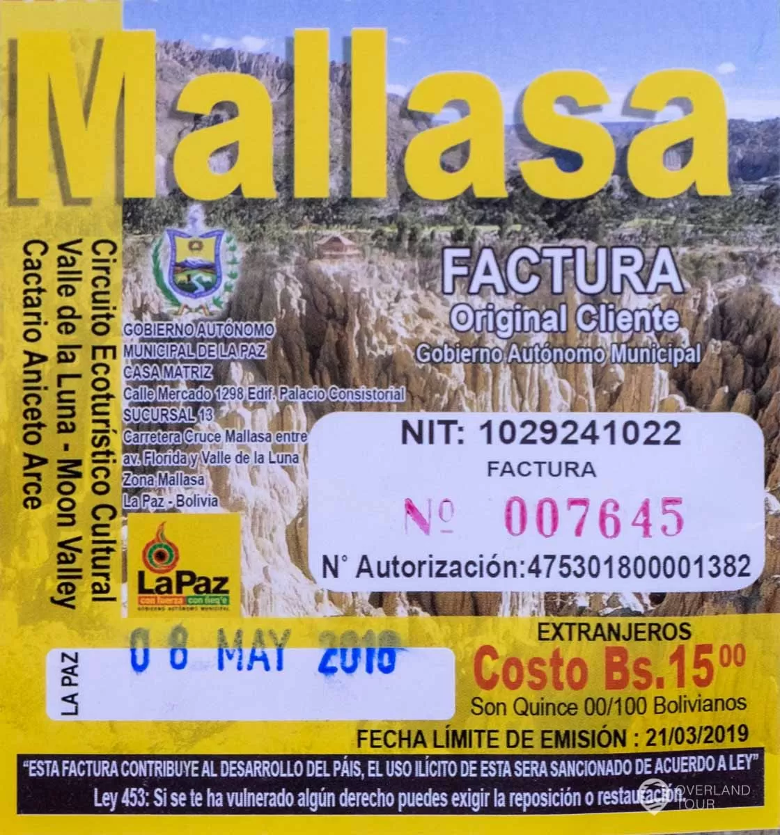 Eintrittskarte für das Valle de la Luna bei La Paz Eintrittskarte für das Valle de la Luna bei La Paz