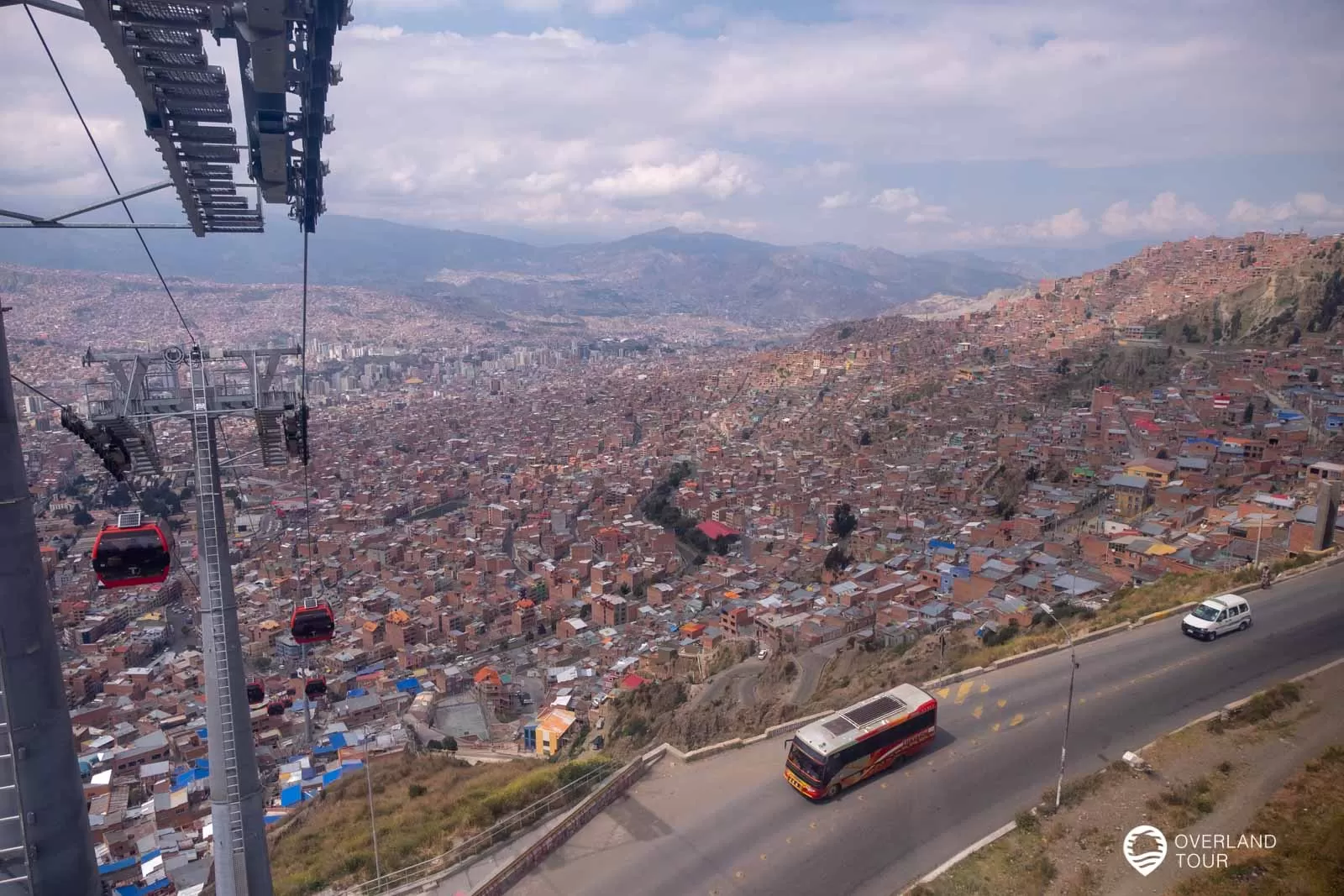 Blaue Linie der Seilbahn Mi Teleférico über den Dächern von La Paz Blaue Linie der Seilbahn Mi Teleférico über den Dächern von La Paz