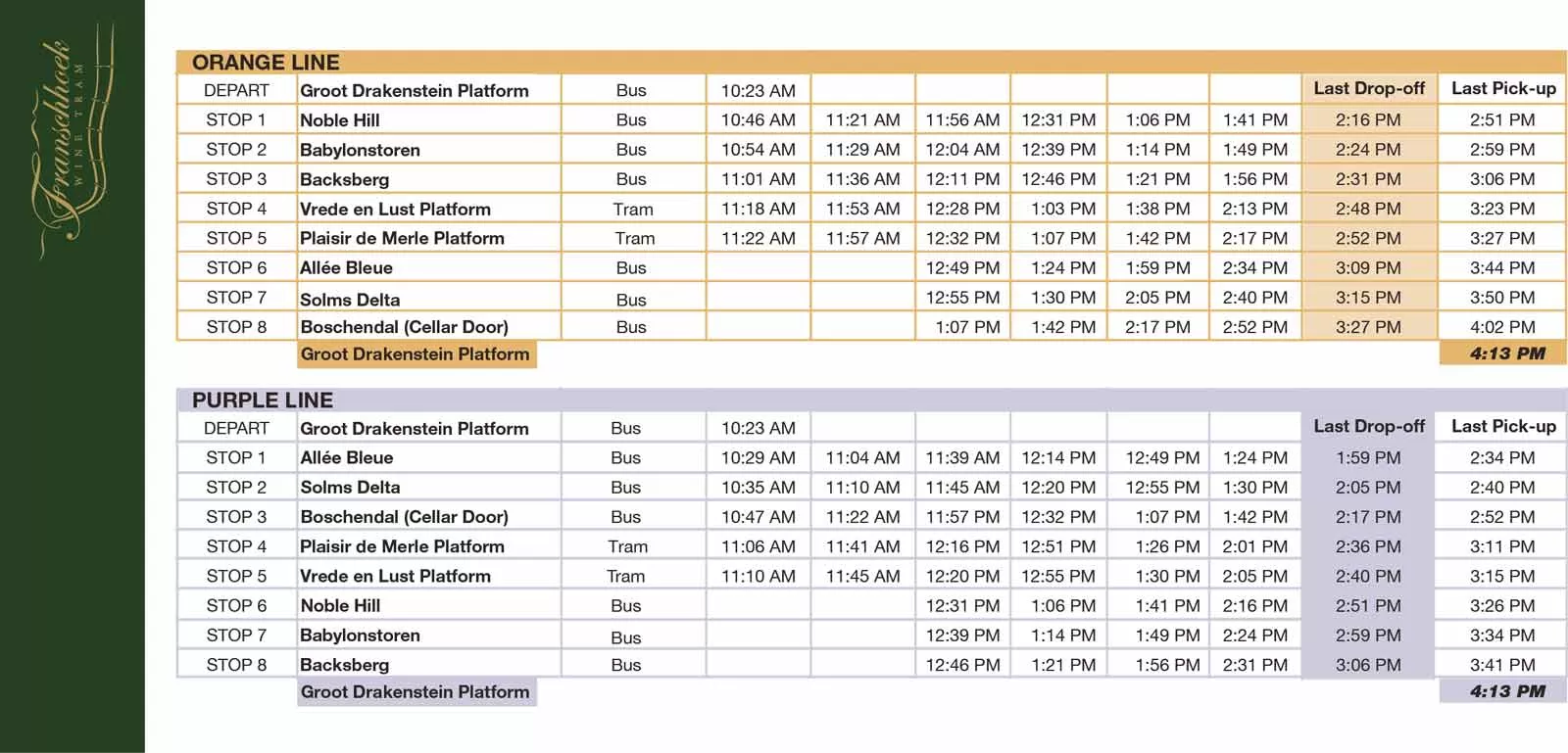 Timetable für CitySightseeing Besucher der Franschhoek Wine Tram Timetable für CitySightseeing Besucher der Franschhoek Wine Tram