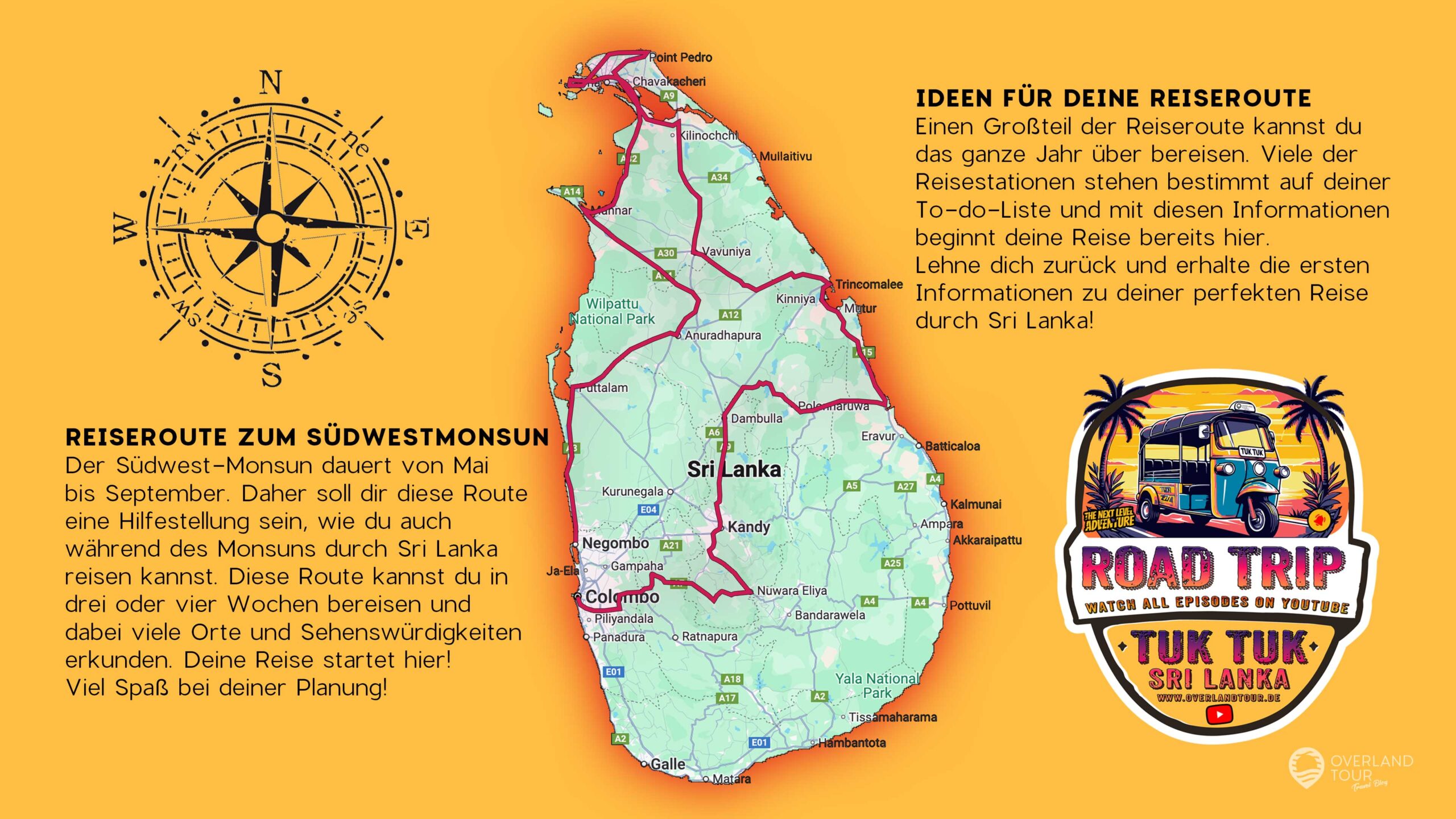 Eine Illustration einer Reiseroute während der Monsum Zeit durch Sri Lanka